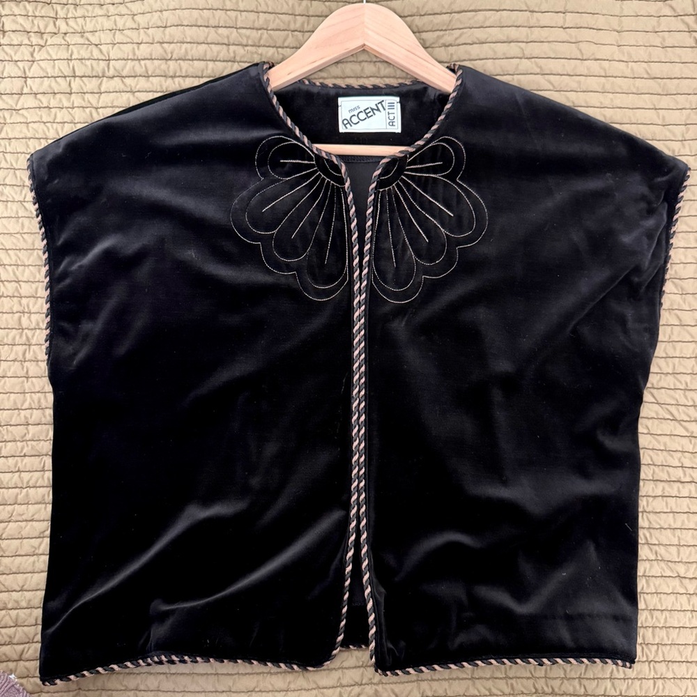 Vintage velvet black vest with gold embroidered floral detail